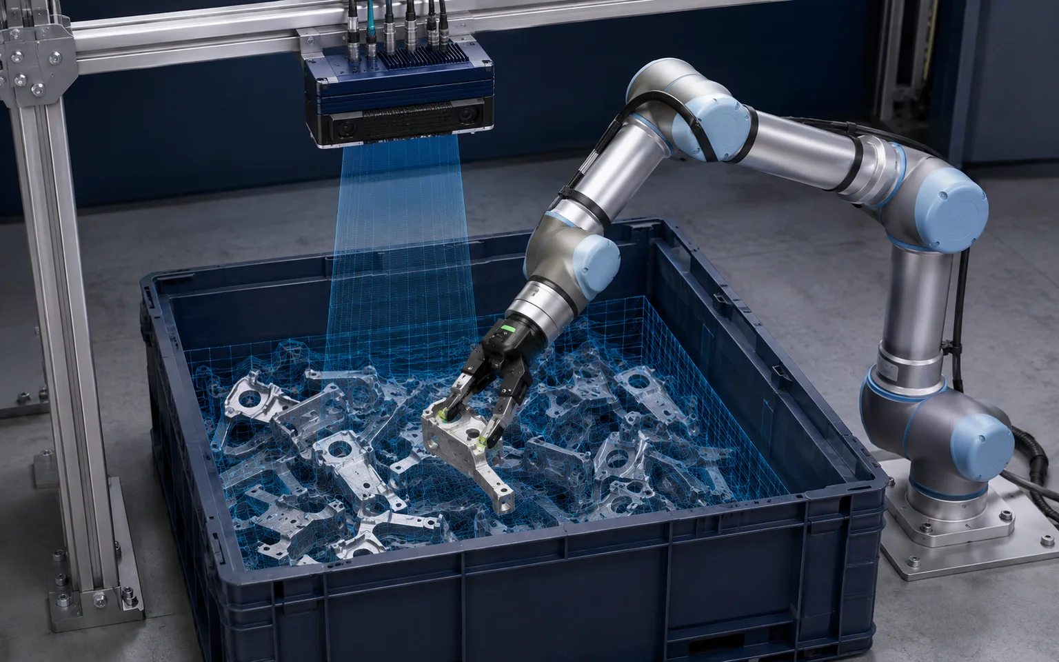 Cobot che preleva un componente da un cassone sotto un sensore 3D montato sopra il contenitore e rivolto verso i pezzi