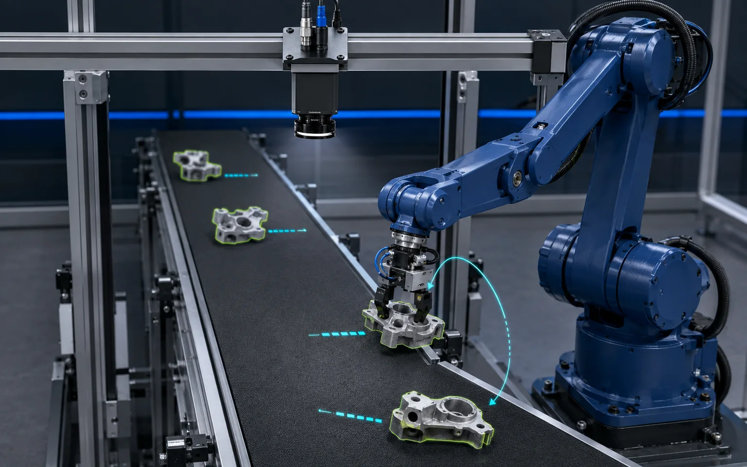 Robot sincronizzato con prodotti in movimento sotto una telecamera montata sopra il conveyor e rivolta verso il nastro
