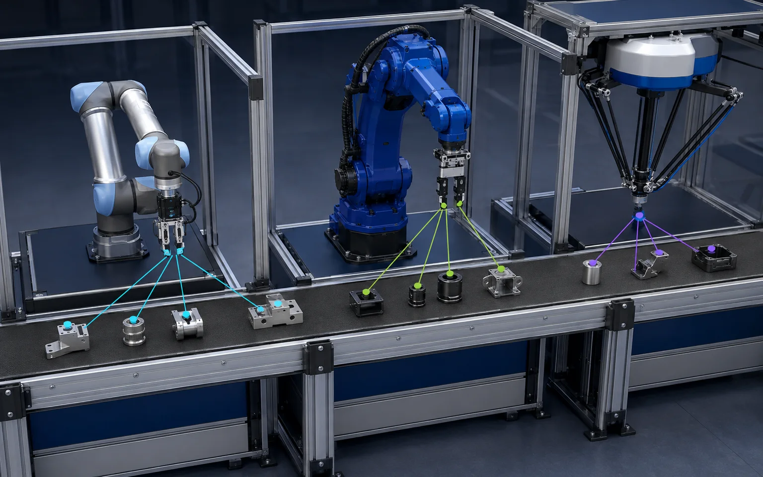 Tre robot differenti ricevono assegnazioni distinte per gestire item su una linea condivisa